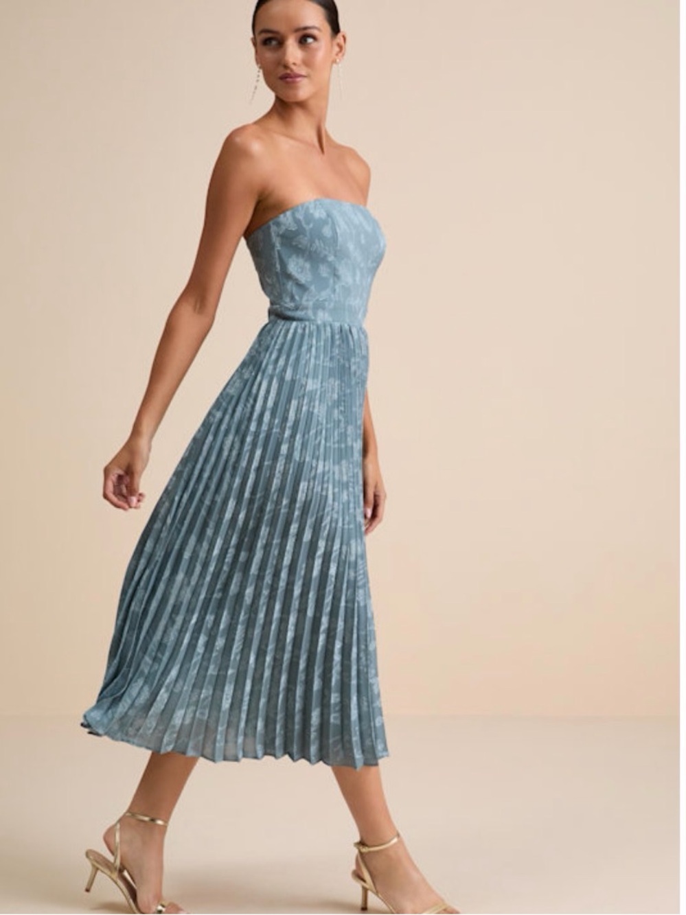 Lulu's Dusty Blue Strapless Pleated Midi Dress